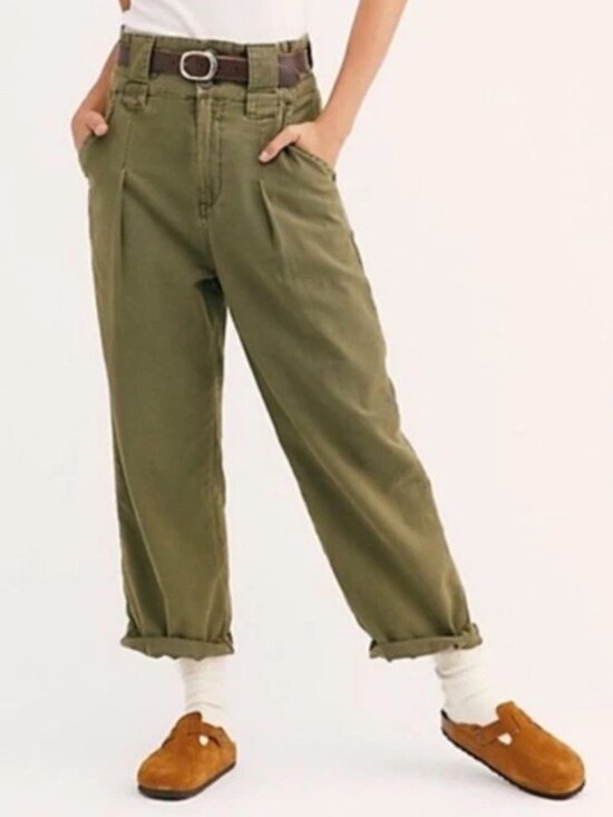 Free People One Way High Waist Paper Bag Crop Pants In Olive Green Size 8
